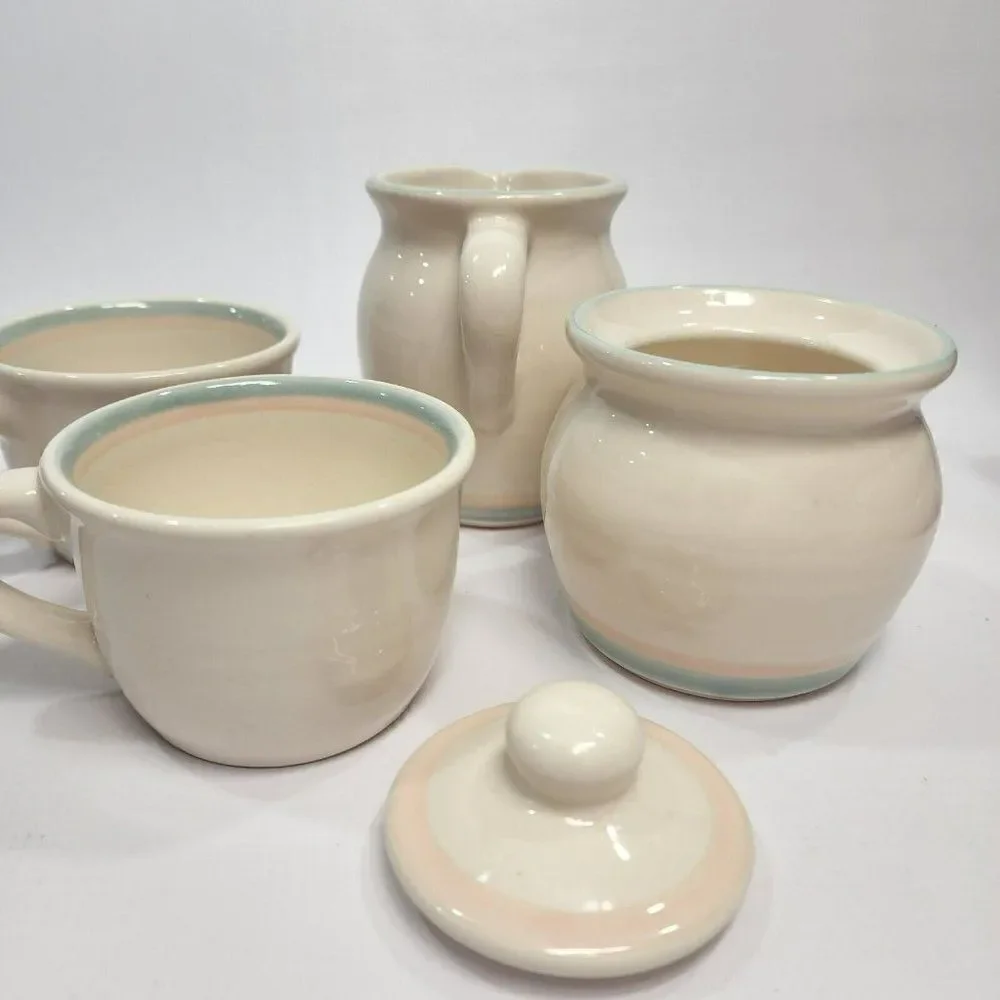 4pc Vtg Aura by Pfaltzgraff,‎ Stoneware Cream Pitcher & Sugar Bowl + 2 teacups